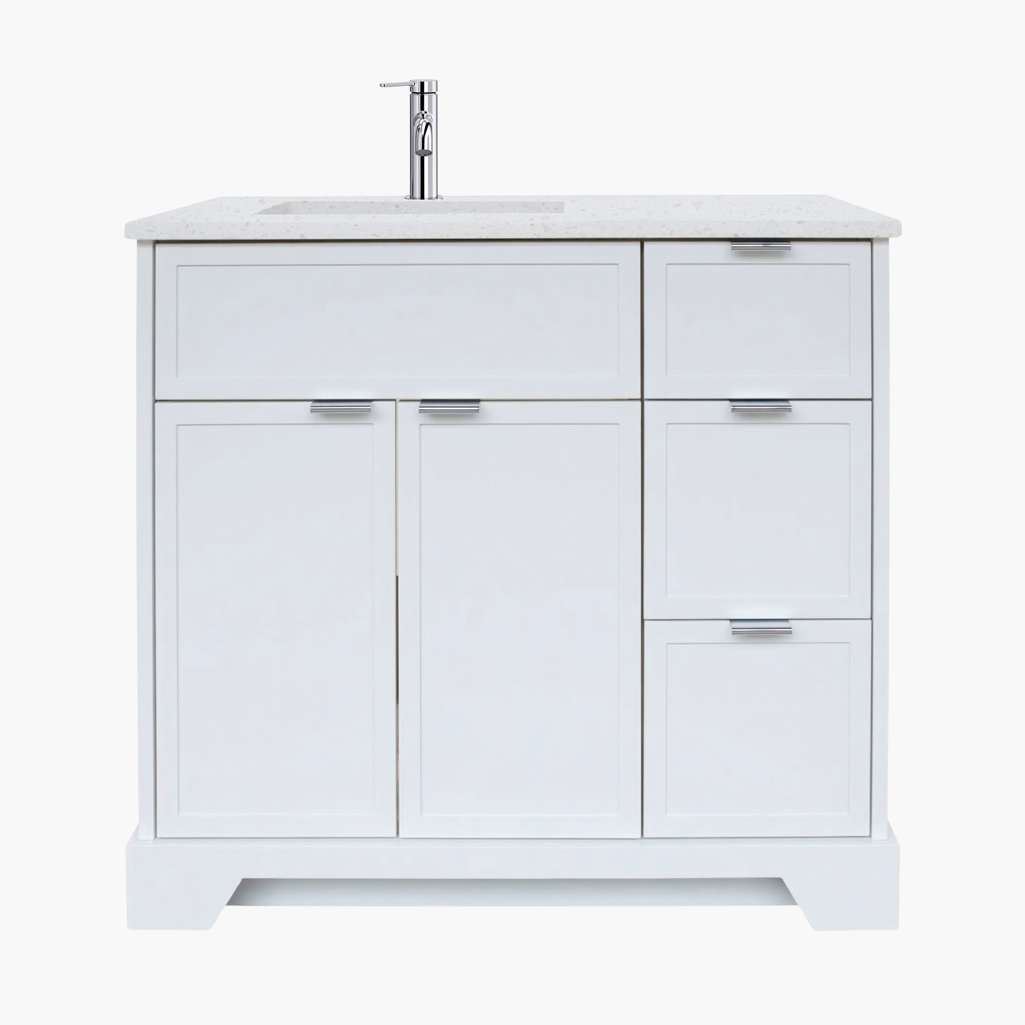 White bathroom vanity with sink on a white background