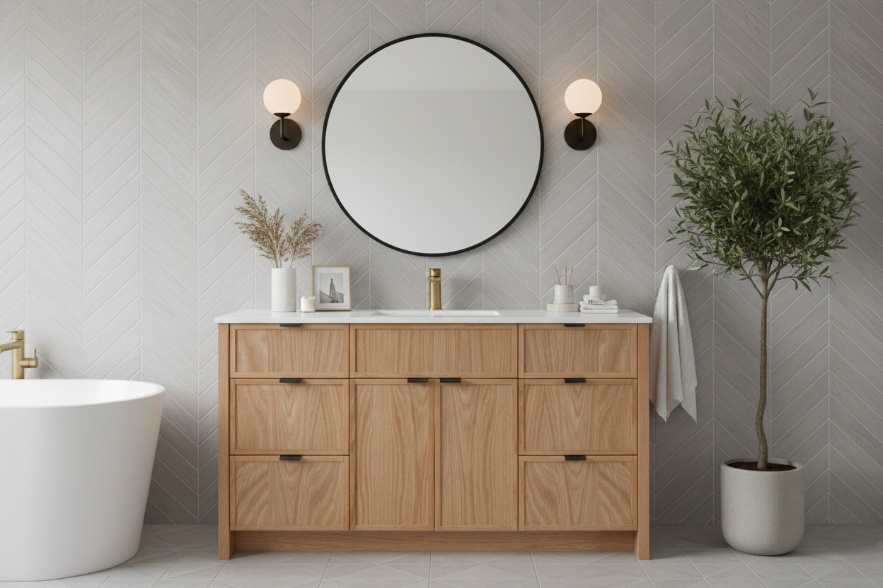 60" Rosseau Collection Custom Bathroom Vanity White Oak Wood