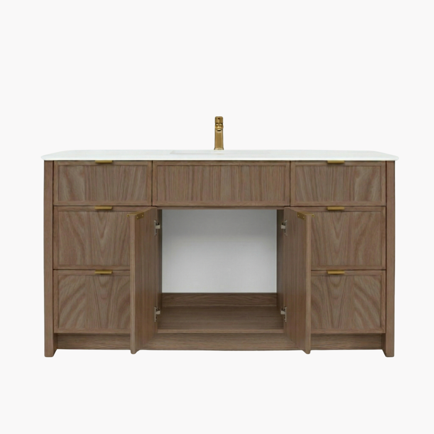 Wooden bathroom vanity with open doors on a white background