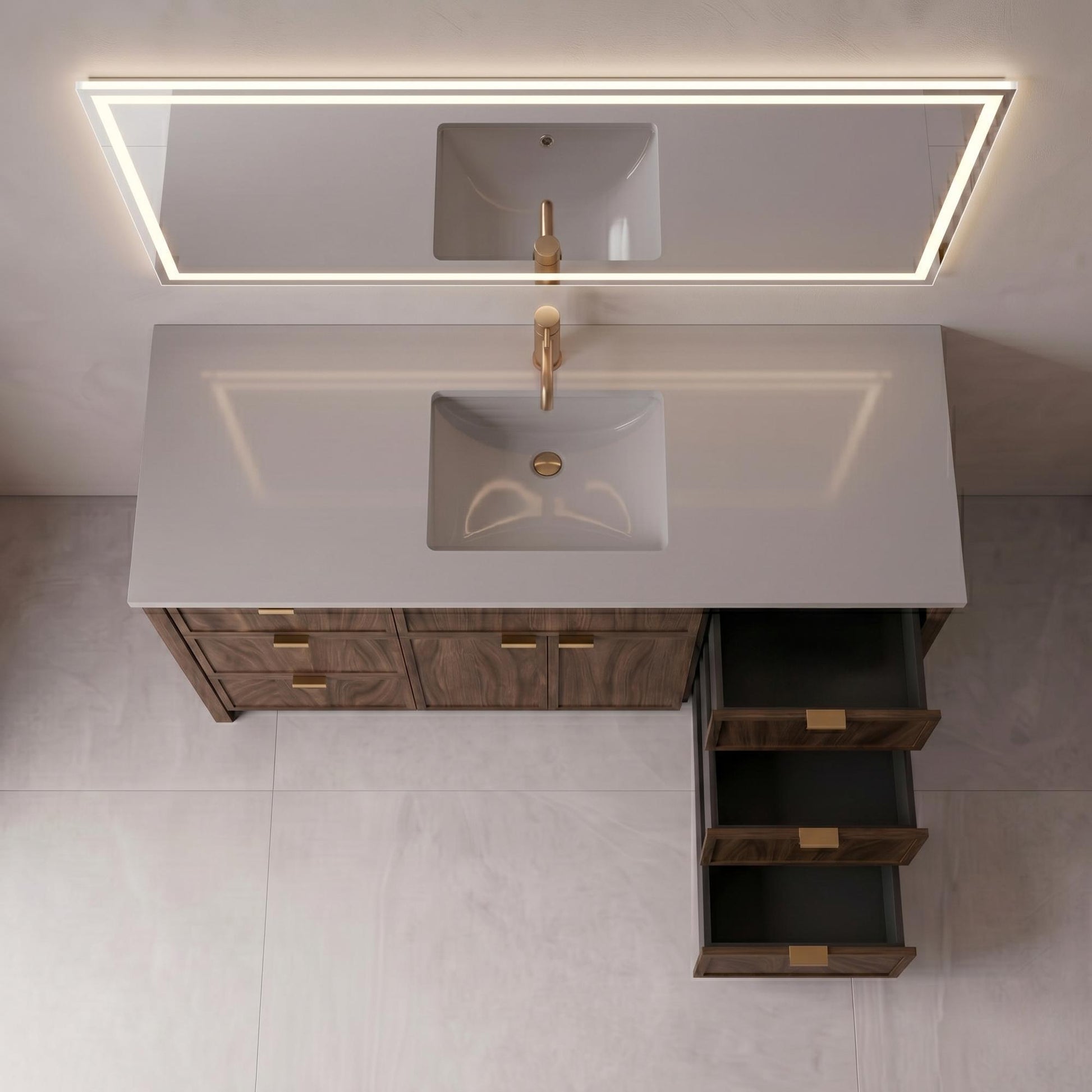 Bathroom vanity with sink, mirror, and drawers in a modern setting