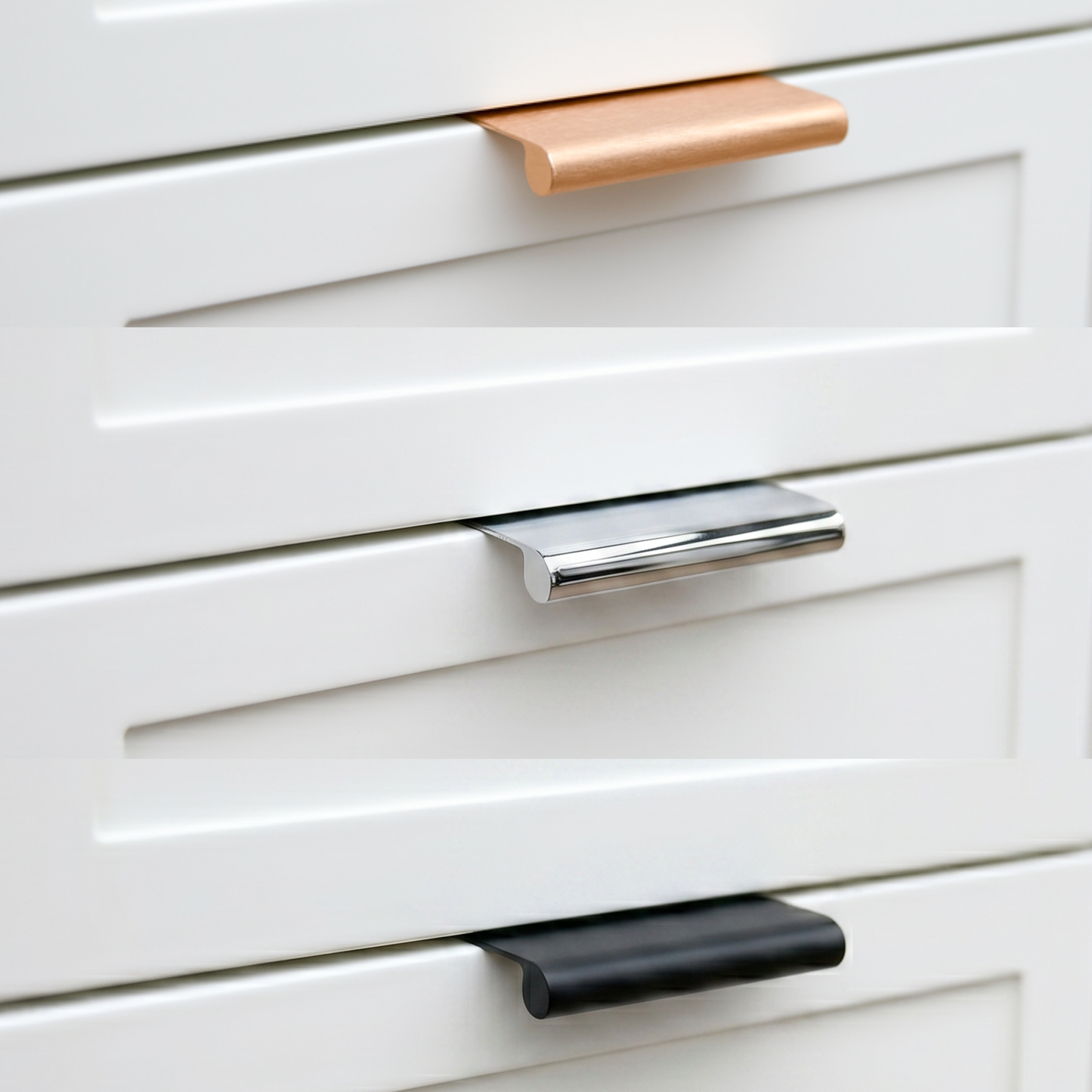 Close-up of white drawers with metallic handles in various colors.