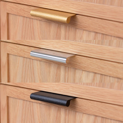 Close-up of wooden drawers with metal handles. Rosseau 48" White Oak Wood Bathroom Vanity