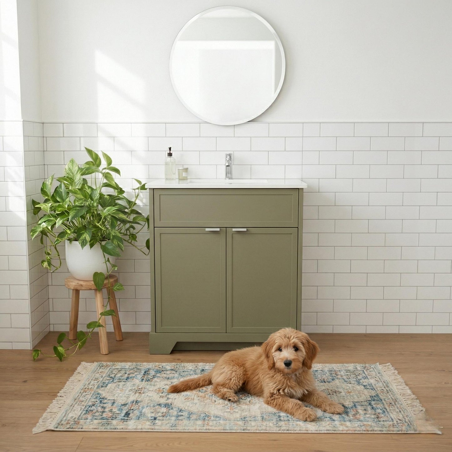 Bathroom with green vanity, round mirror, and dog on a rug