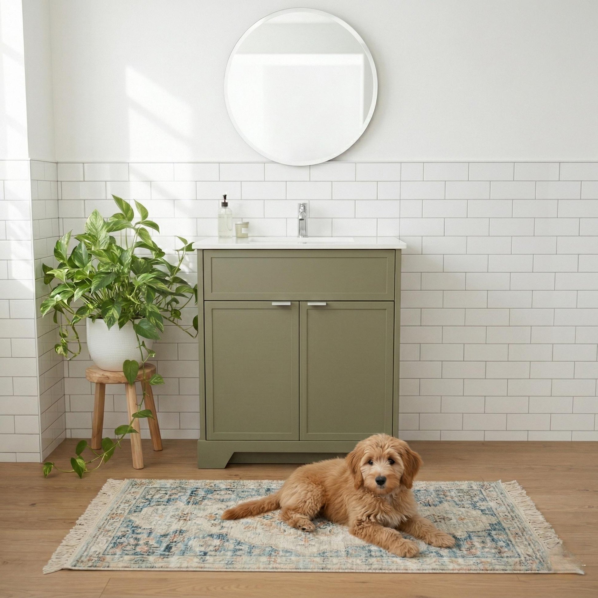 Bathroom with green vanity, round mirror, and dog on a rug