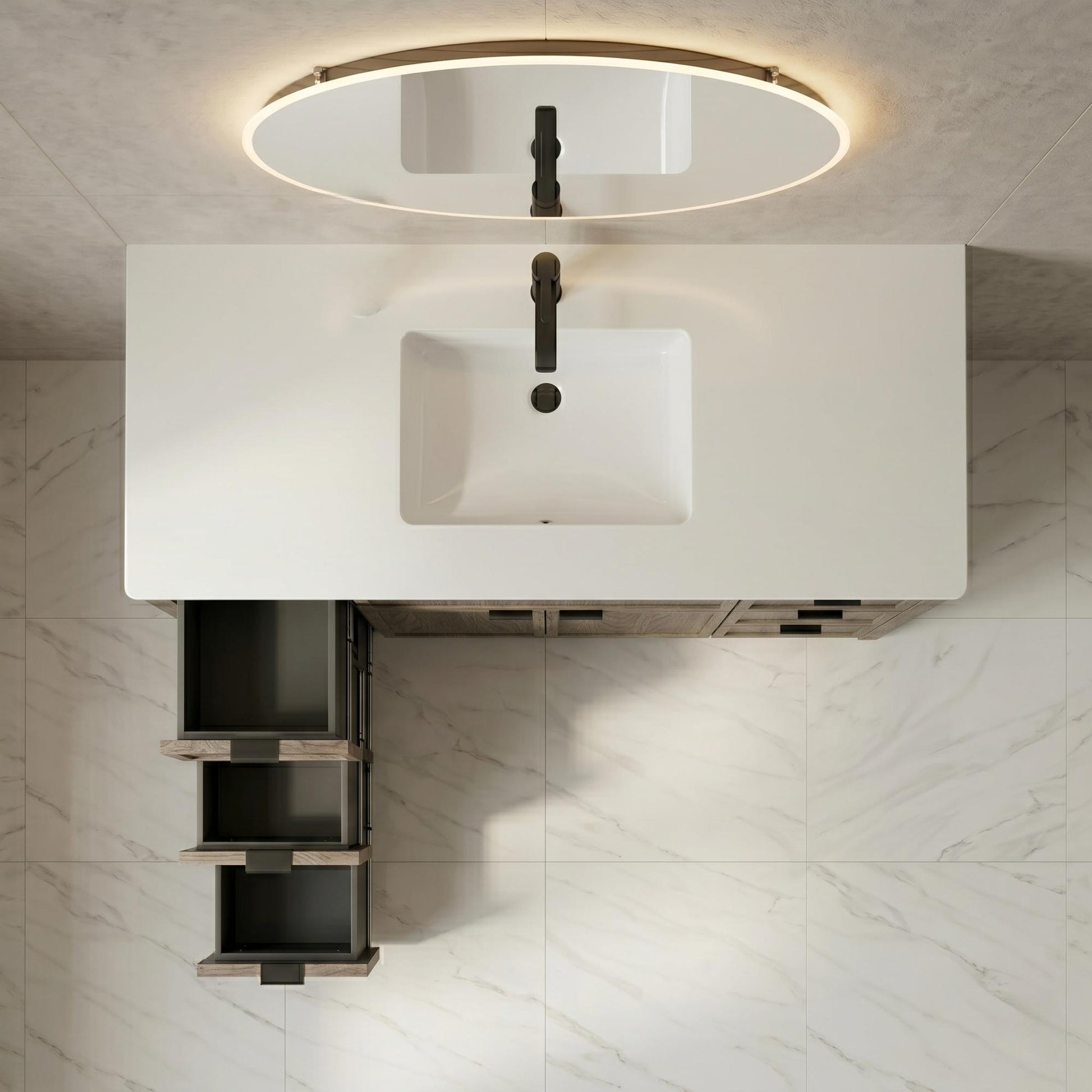 Bathroom vanity with sink and light fixture in a modern bathroom setting