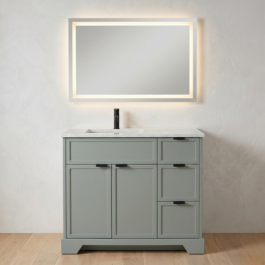 Gray bathroom vanity with white countertop and illuminated mirror on a light gray wall.