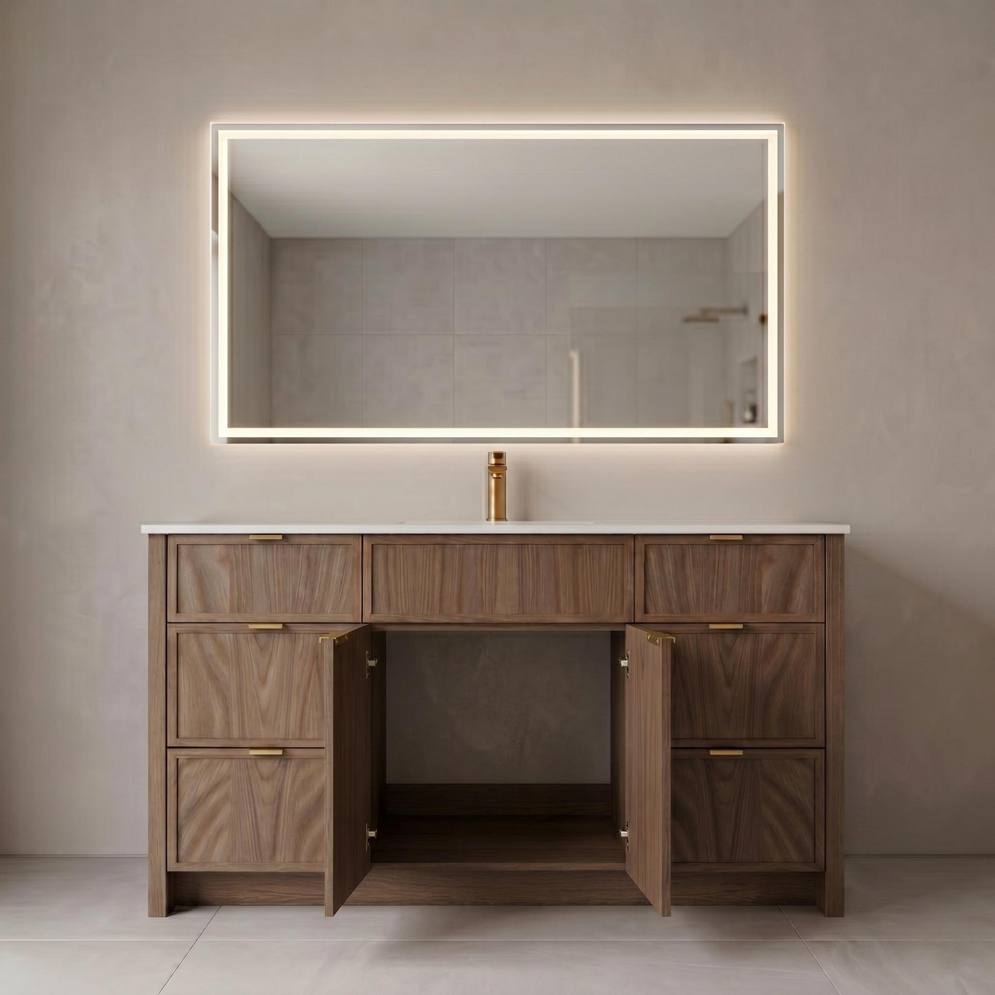 Bathroom vanity with wooden cabinets, a mirror with LED lighting, and a sink.