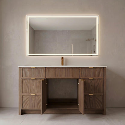 Bathroom vanity with wooden cabinets, a mirror with LED lighting, and a sink.