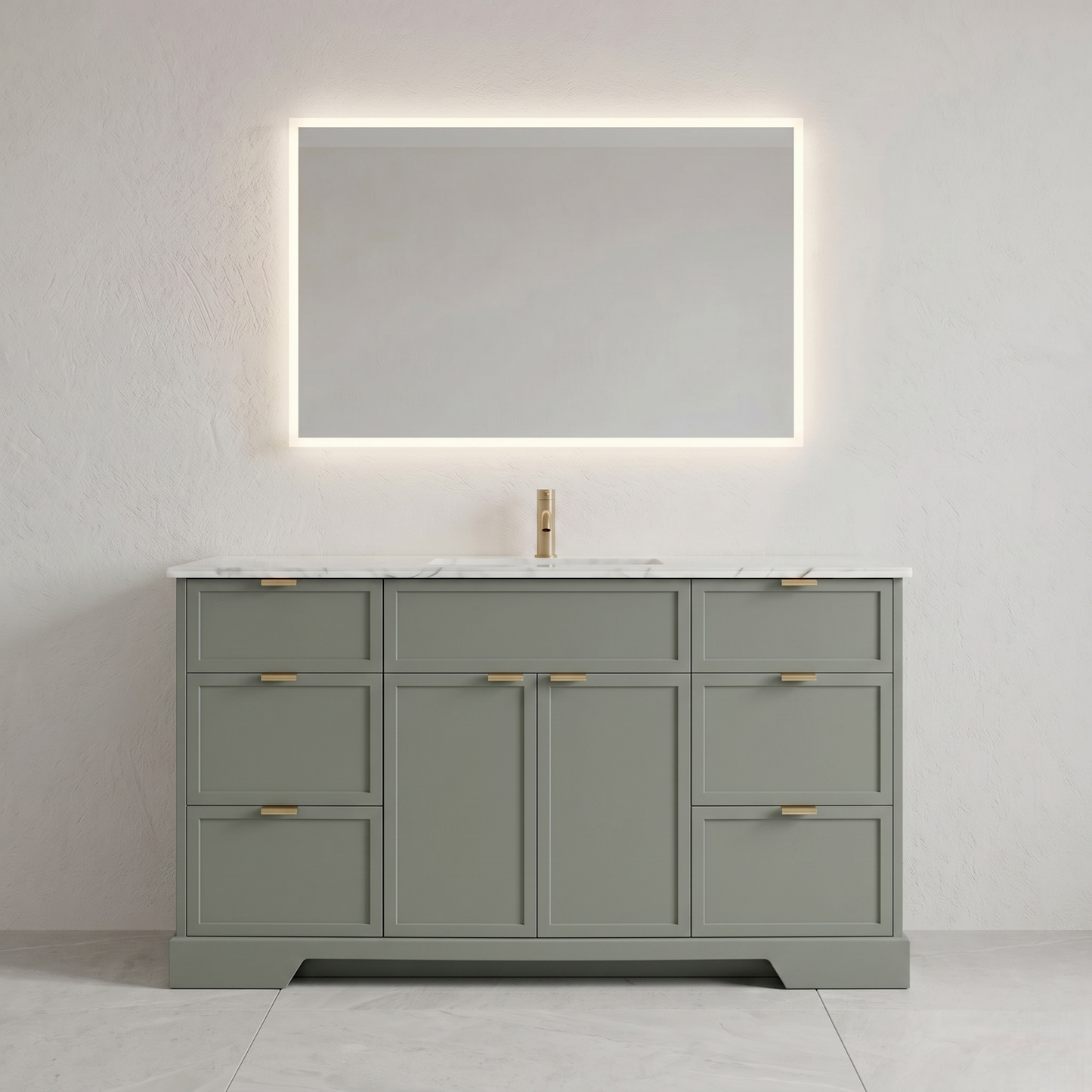 Gray bathroom vanity with marble countertop, sink, and illuminated mirror against a white wall.