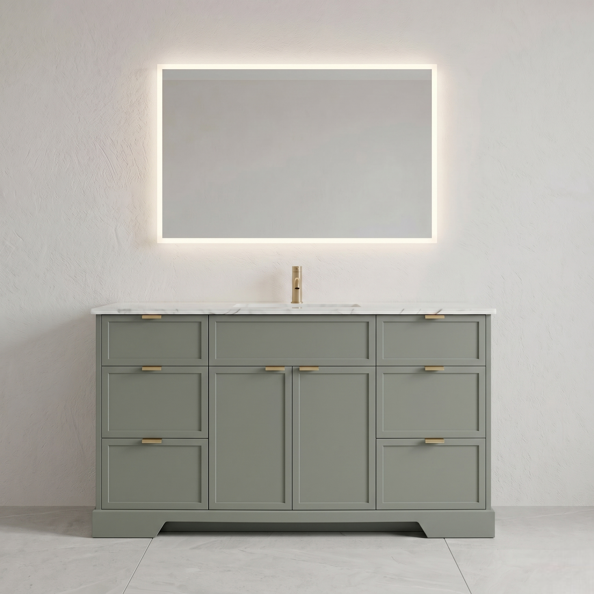 Gray bathroom vanity with marble countertop, sink, and illuminated mirror against a white wall.