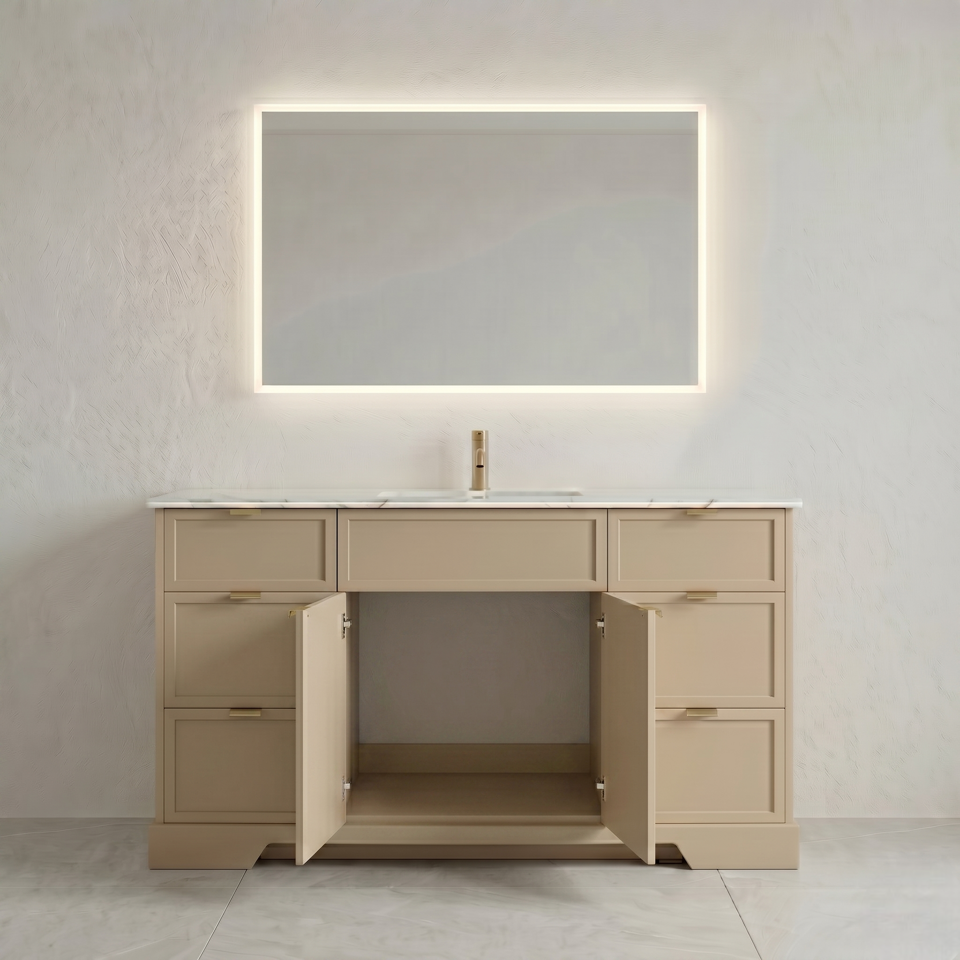 Beige bathroom vanity with open cabinet doors, mirror, and sink.