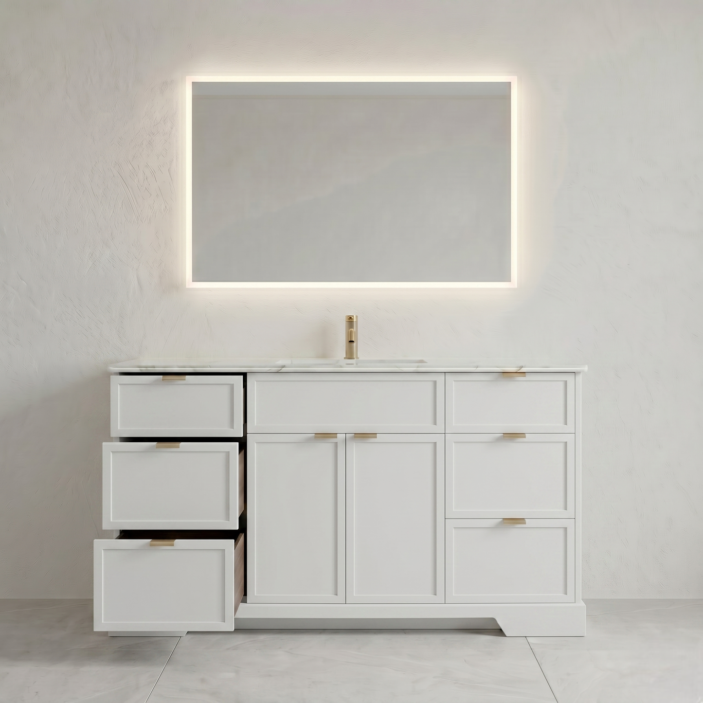White bathroom vanity with mirror and faucet against a light gray wall.
