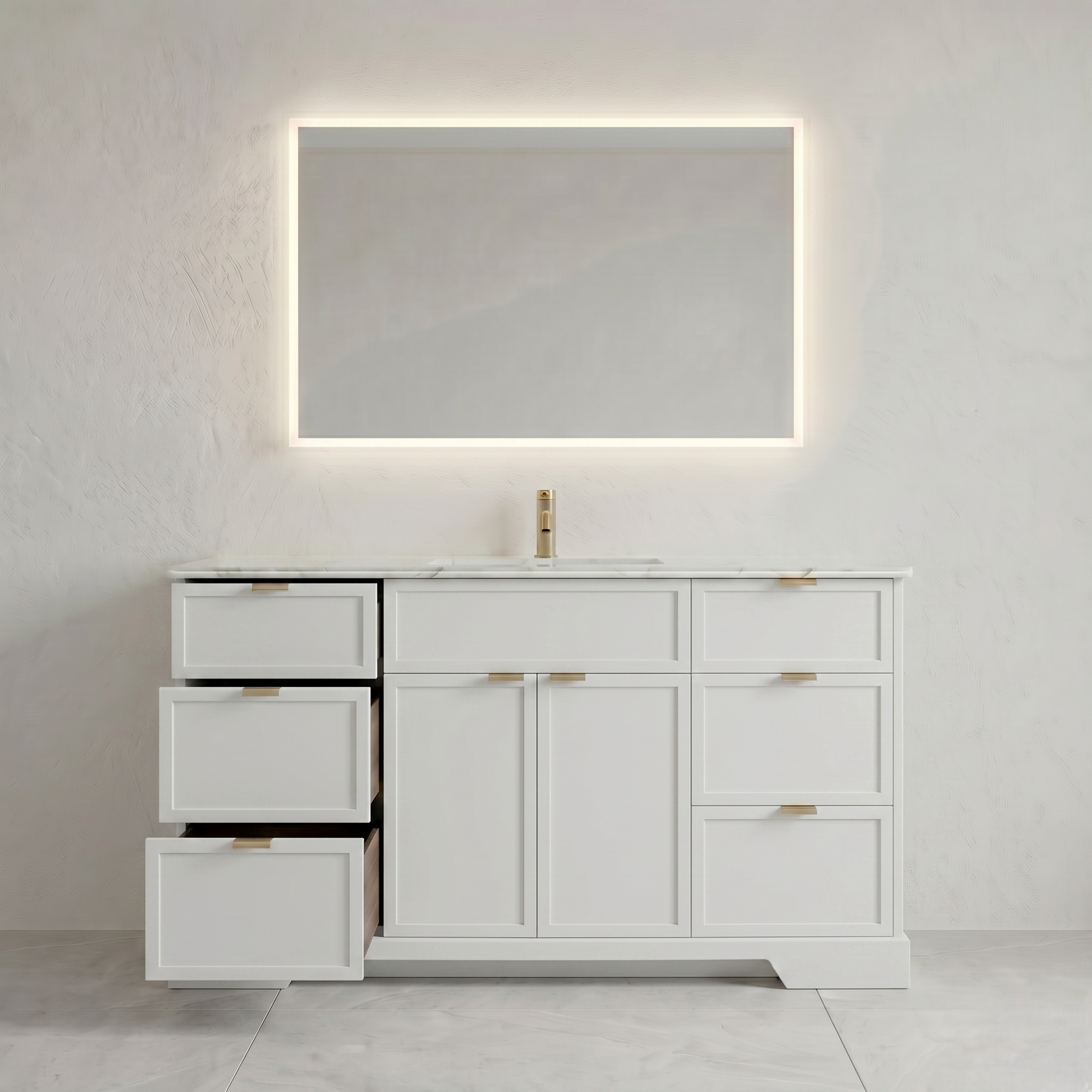 White bathroom vanity with mirror and faucet against a light gray wall.
