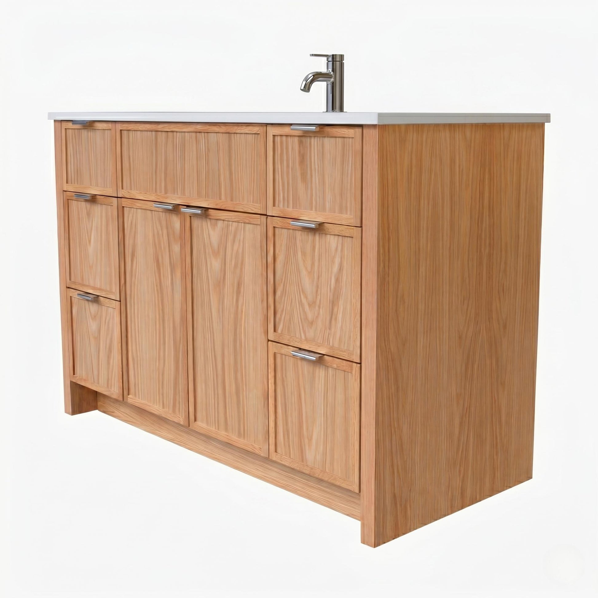 Wooden bathroom vanity with sink on a white background