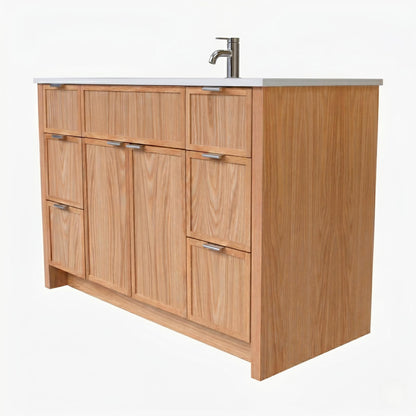 Wooden bathroom vanity with sink on a white background