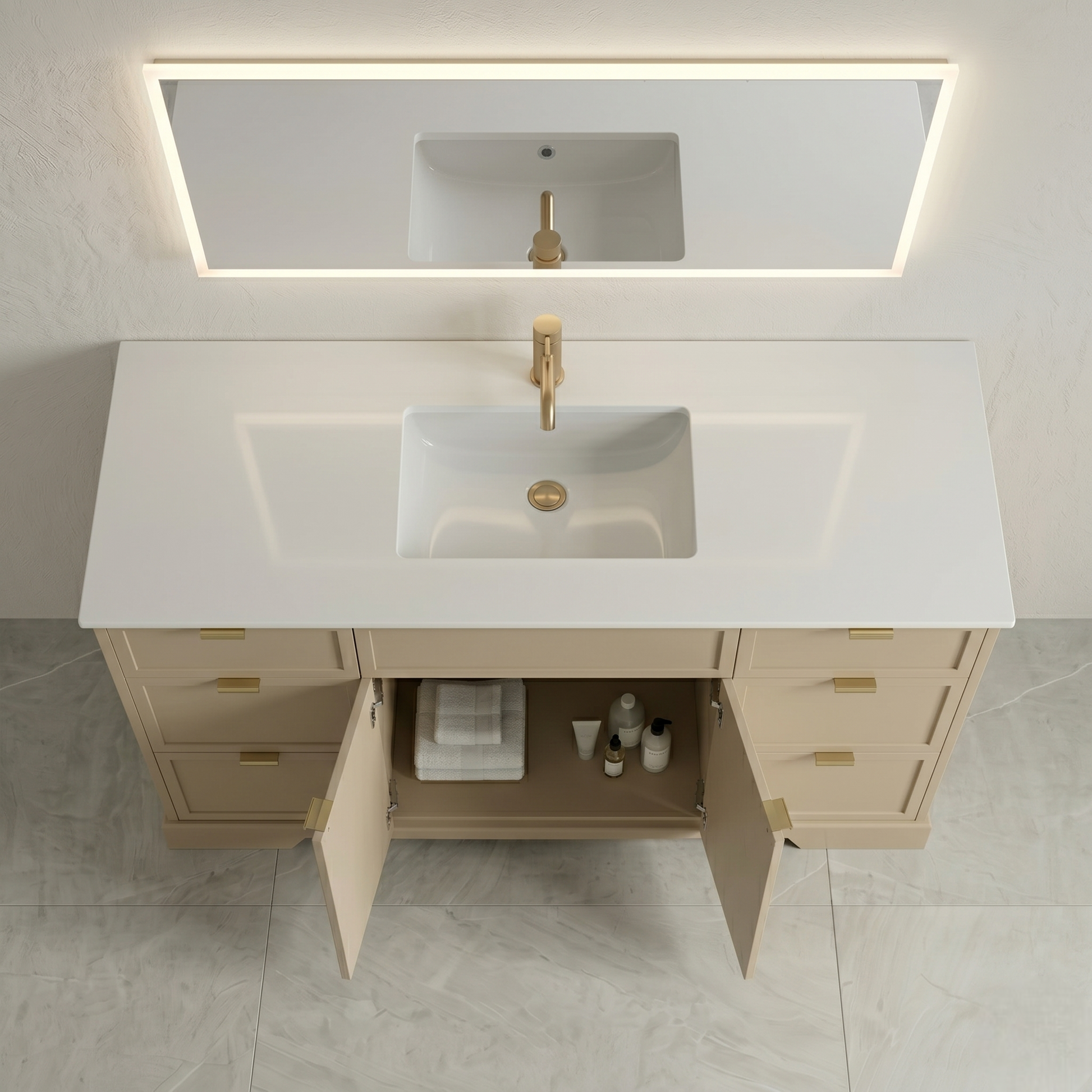 Bathroom vanity with sink, mirror, and open cabinet showing toiletries.
