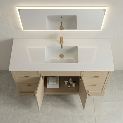 Bathroom vanity with sink, mirror, and open cabinet showing toiletries.