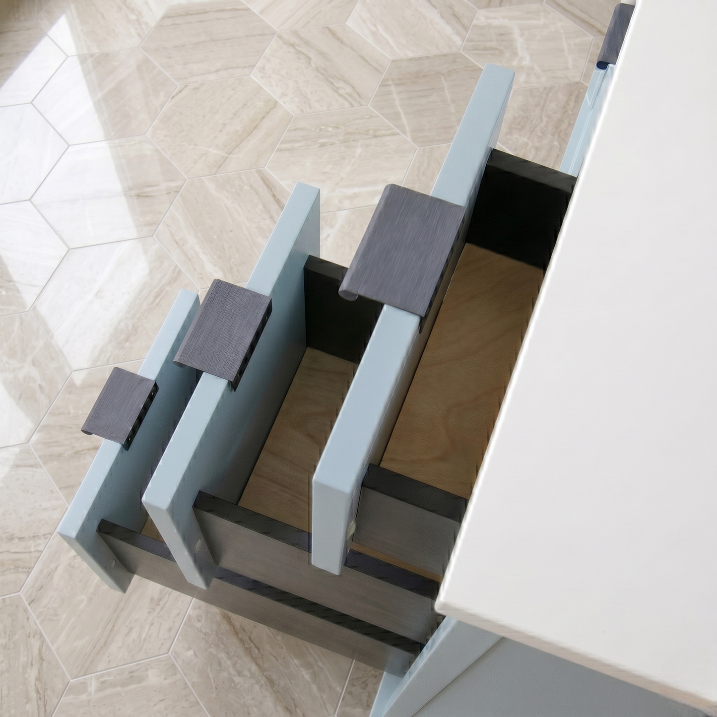 Modern coffee table with geometric design on a light wood floor