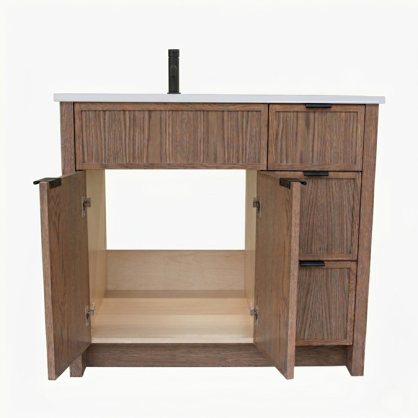 Wooden bathroom vanity with open doors on a white background