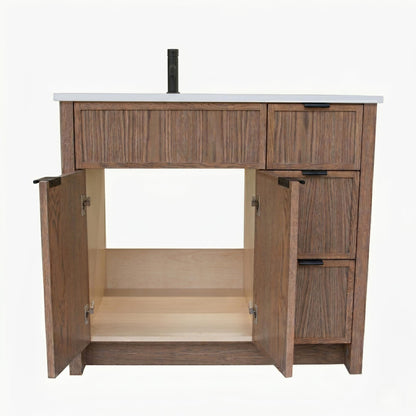 Wooden bathroom vanity with open doors on a white background