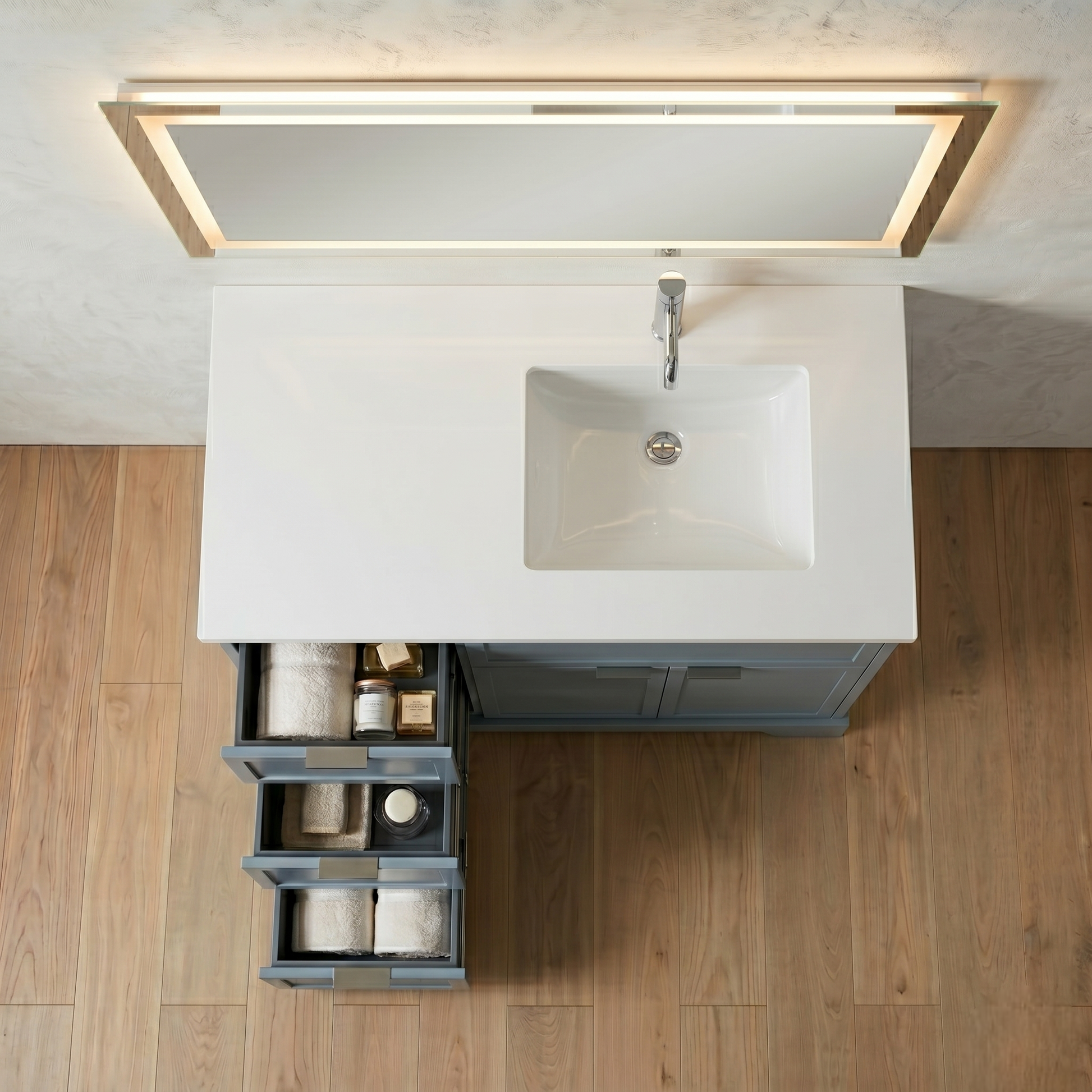 Bathroom vanity with sink and open drawer on a wooden floor