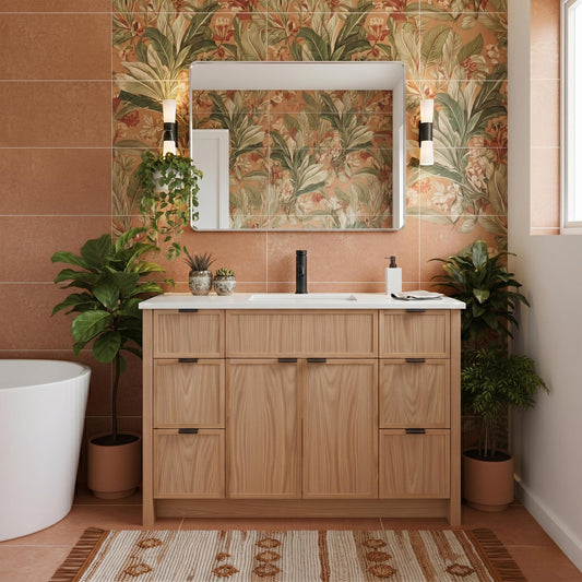 Bathroom with wooden vanity, mirror, and decorative tiles