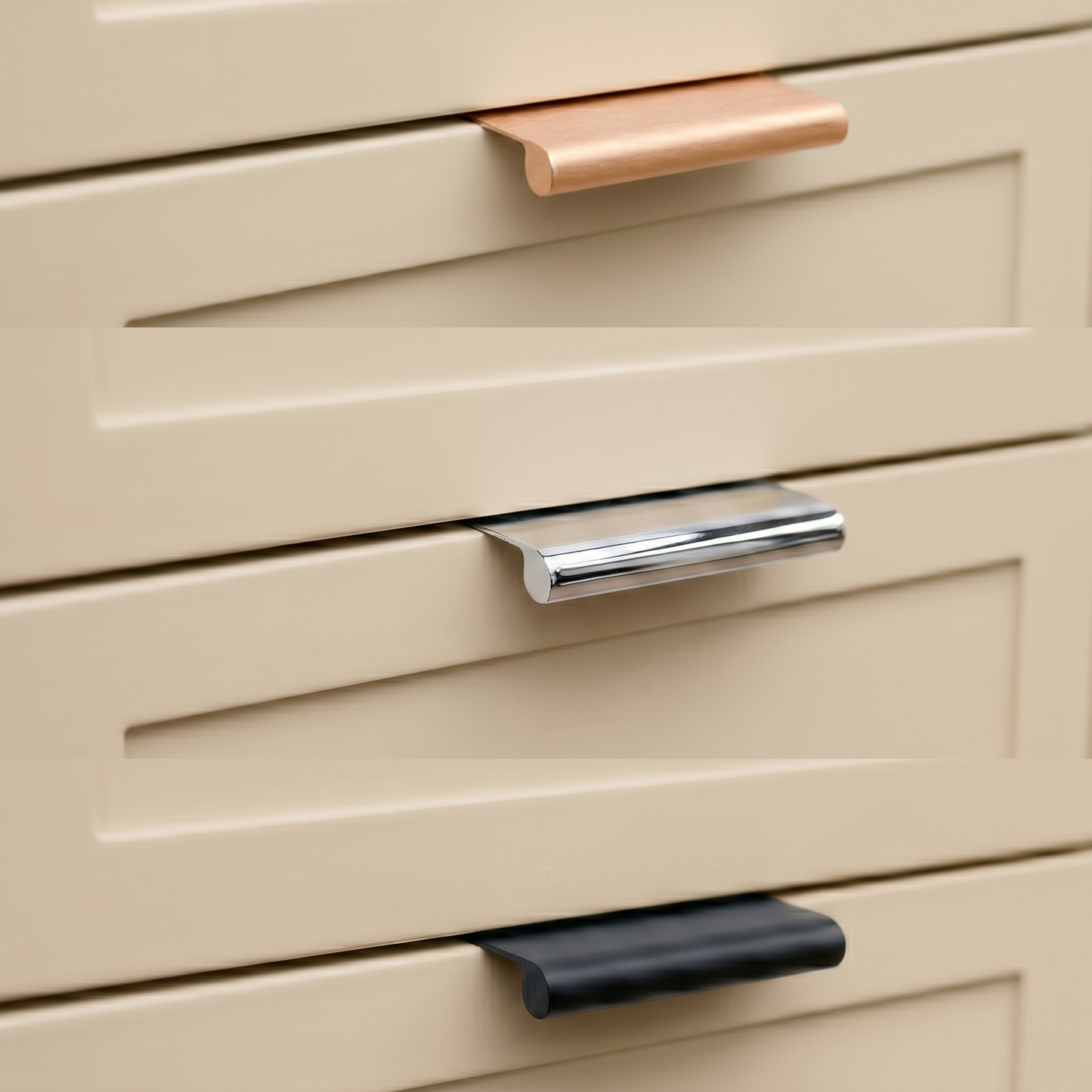 Close-up of beige drawers with different colored handles.