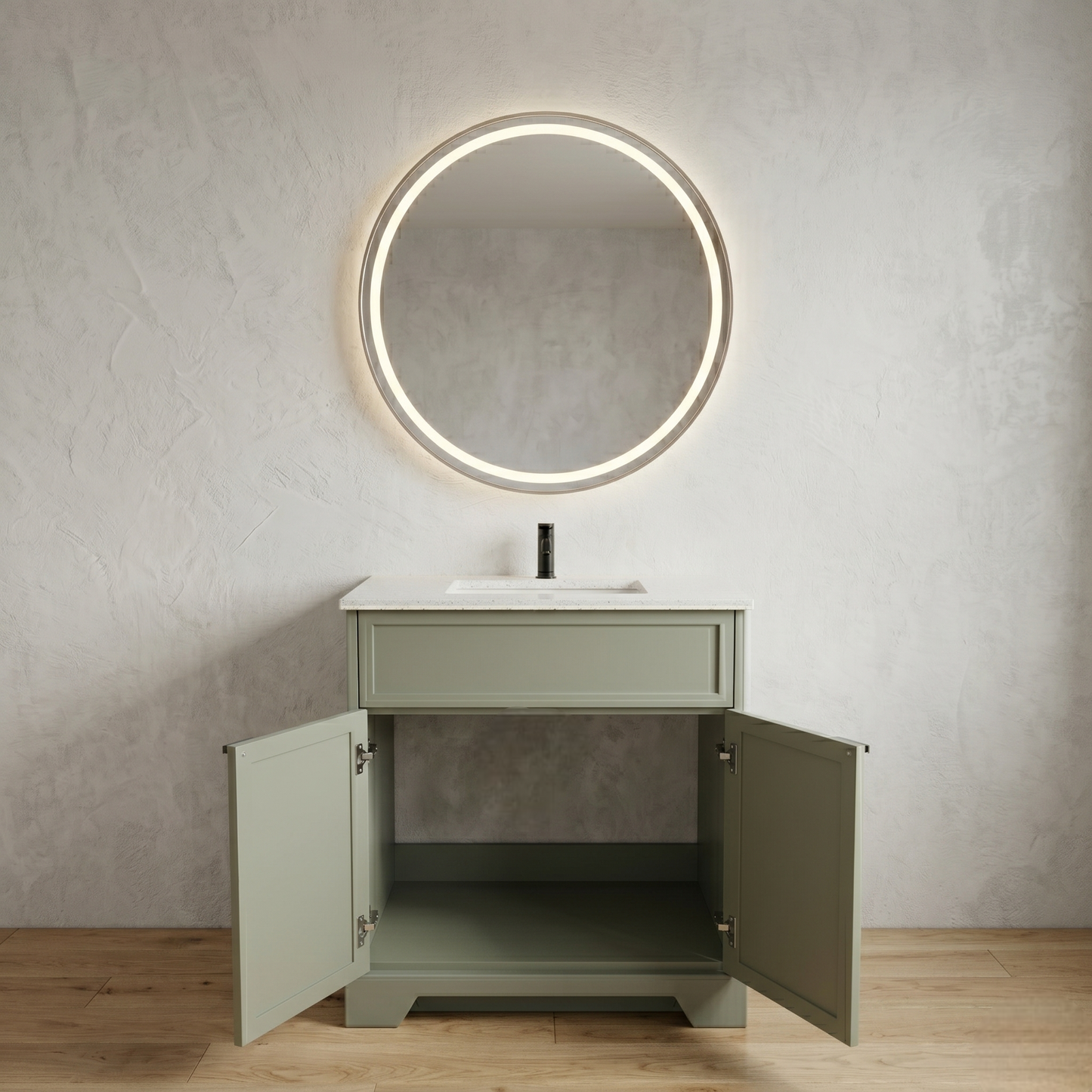 Bathroom vanity with open cabinet doors and a round mirror with lighting above it.