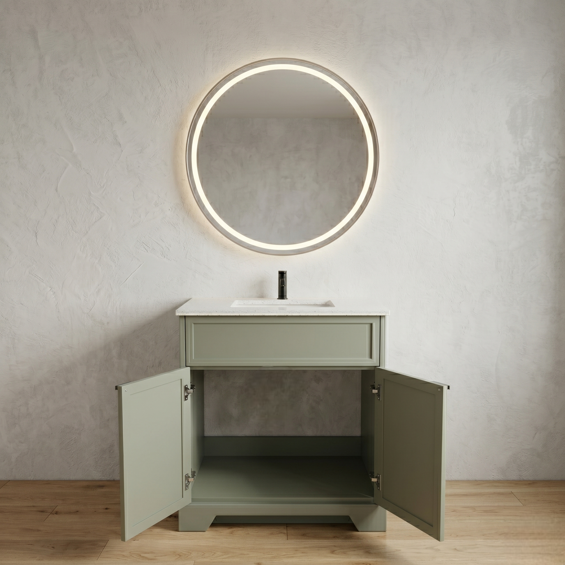 Bathroom vanity with open cabinet doors and a round mirror with lighting above it.