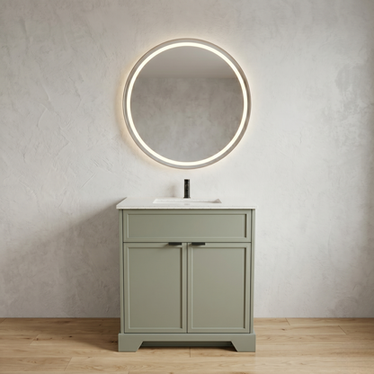 Bathroom vanity with a round illuminated mirror on a neutral wall.