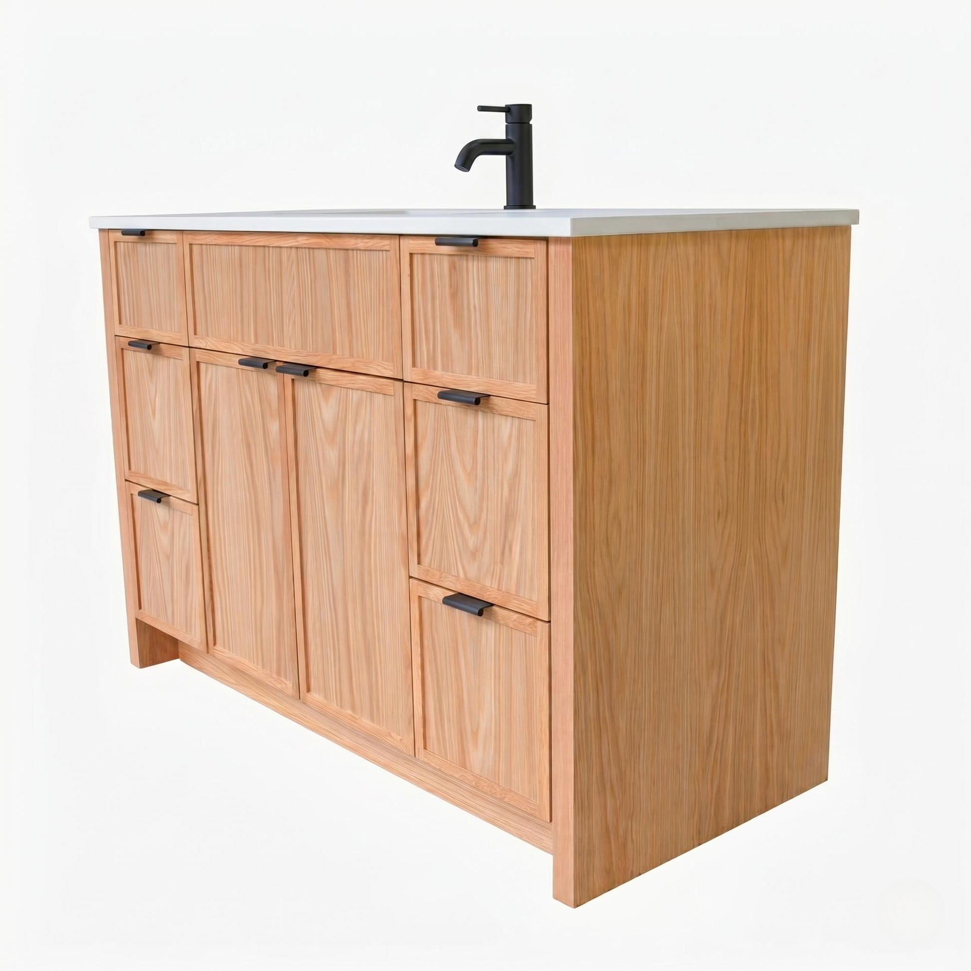 Wooden bathroom vanity with white countertop and black faucet on a white background