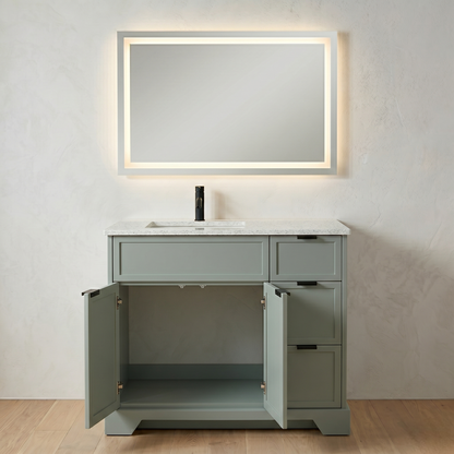 Bathroom vanity with open cabinet doors, illuminated mirror, and sink.