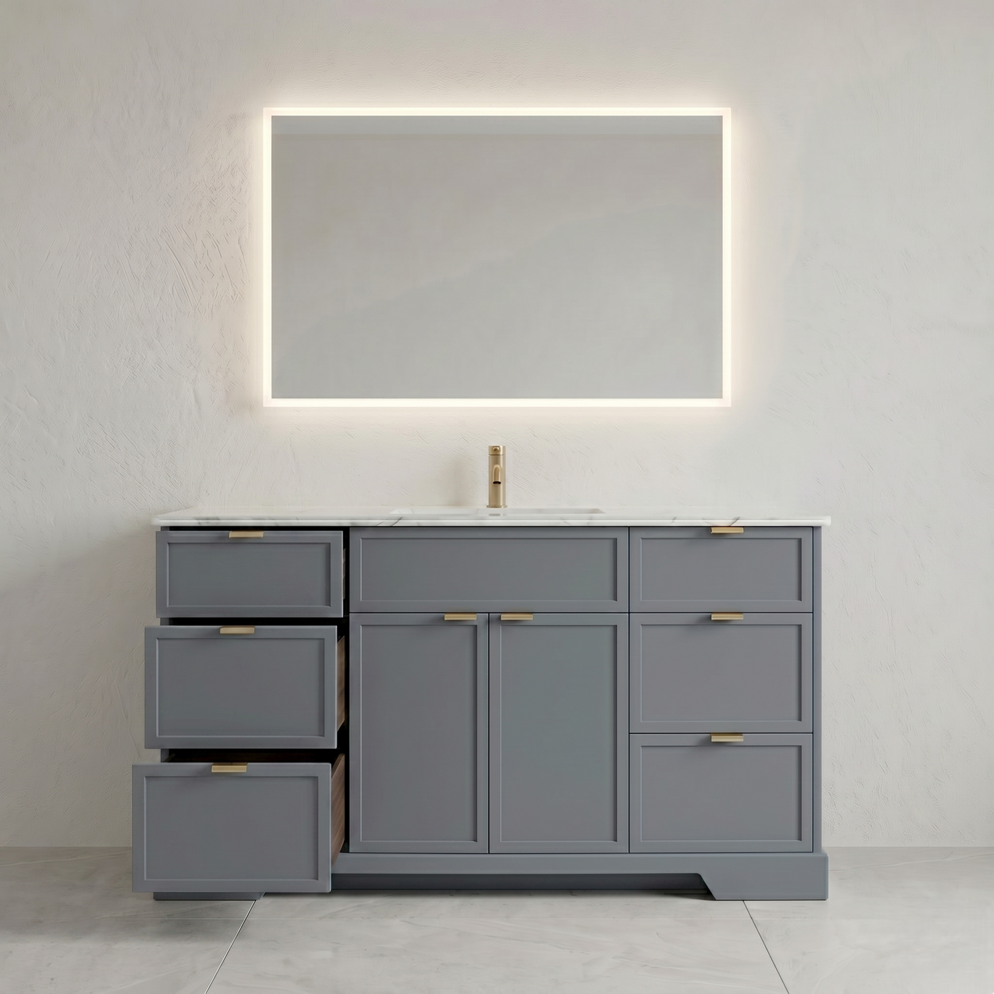 Gray bathroom vanity with a large mirror and faucet on a white background