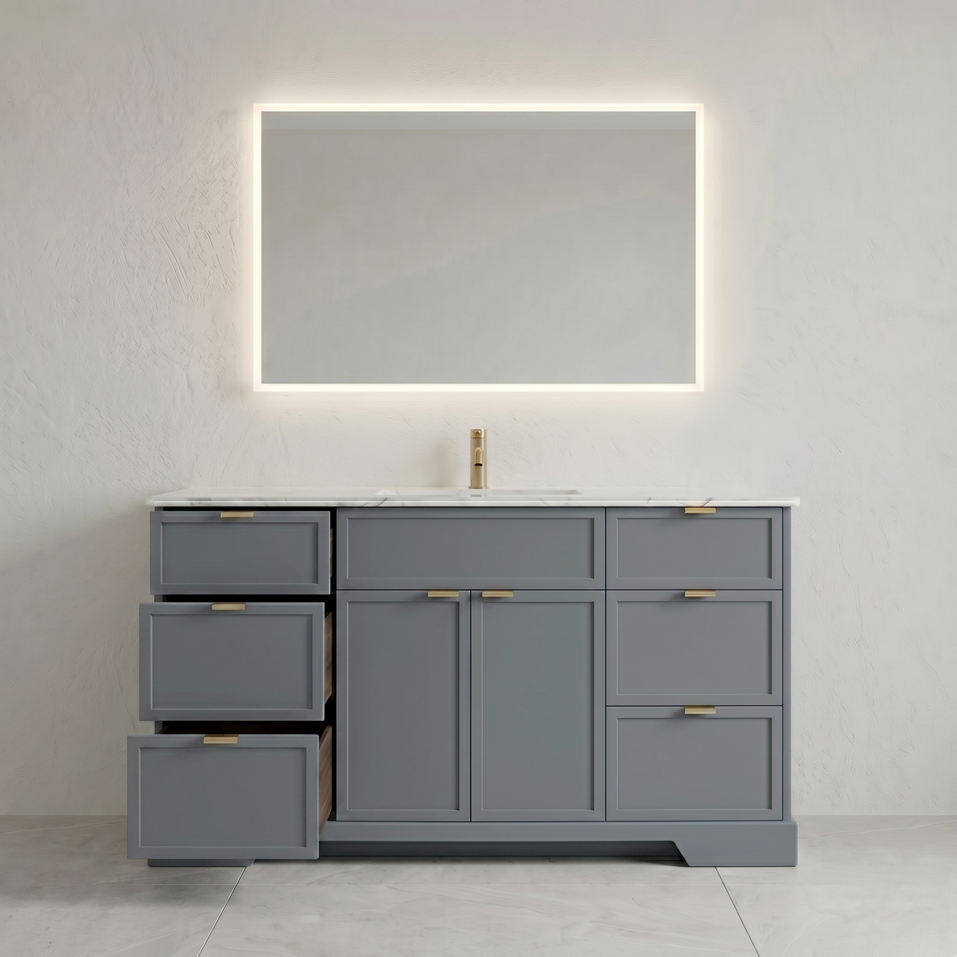 Gray bathroom vanity with a large mirror and faucet on a white background