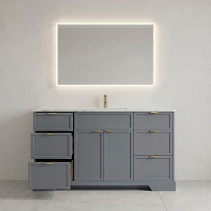 Gray bathroom vanity with a large mirror and faucet on a white background