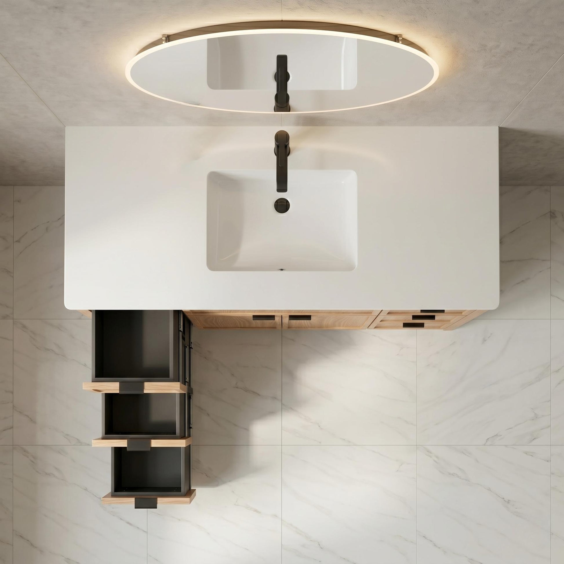 Bathroom vanity with white sink and open cabinet against a tiled wall.