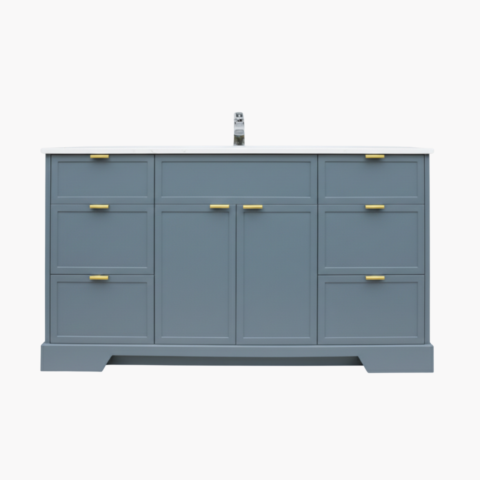 Blue bathroom vanity with gold handles on a white background