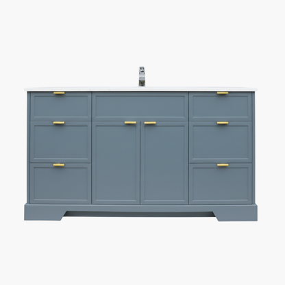 Blue bathroom vanity with gold handles on a white background