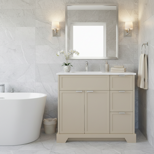 Beige bathroom vanity with mirror, sink, and freestanding bathtub in a tiled bathroom.