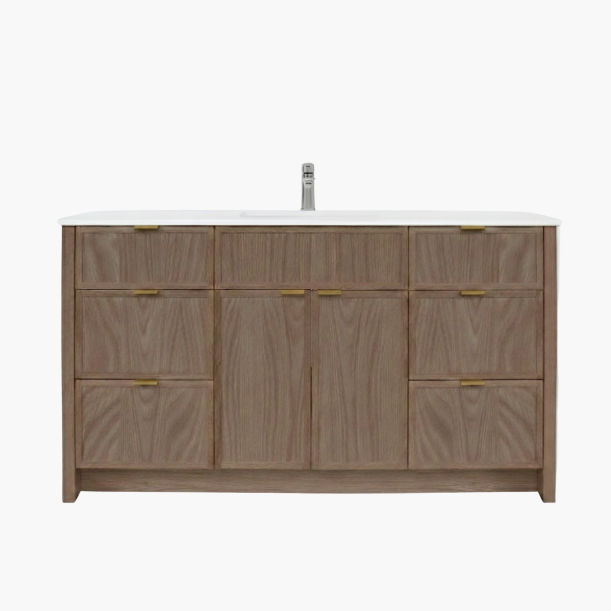 Wooden bathroom vanity with sink on a white background