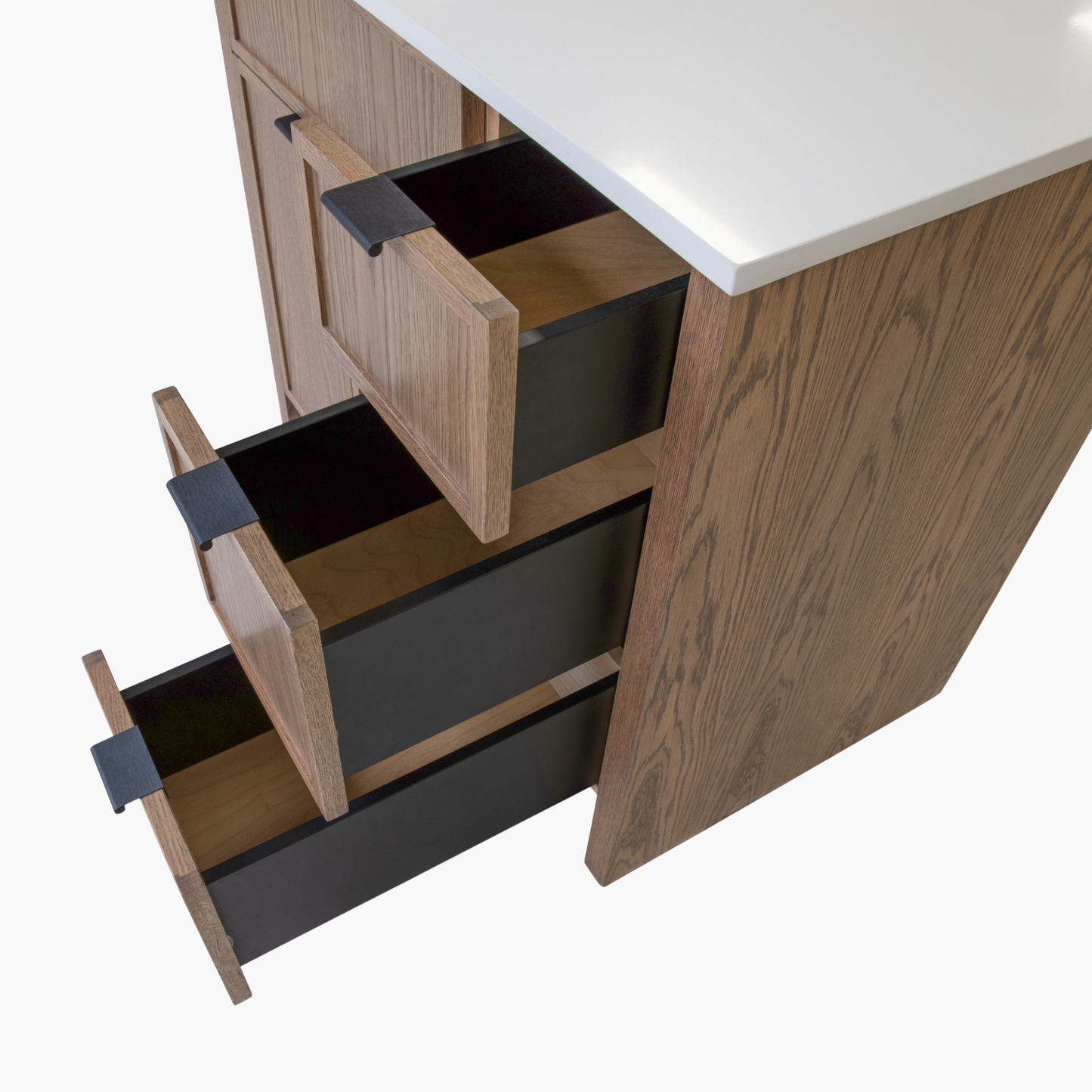 Wooden Bathroom Vanity with the Drawers pulled out showing BLUM Hardware and Black Pulls