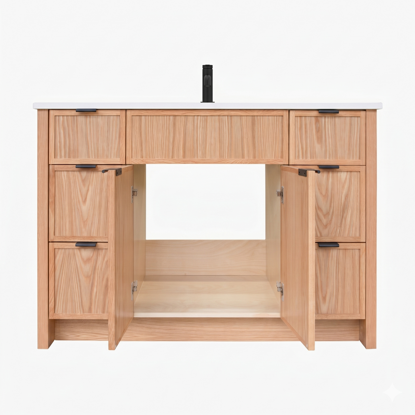 Wooden bathroom vanity with open cabinet doors on a white background
