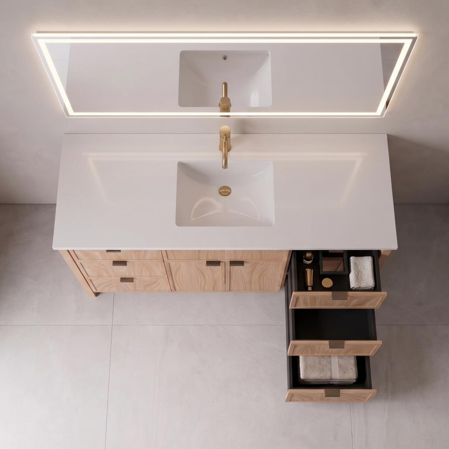 Bathroom vanity with white countertop, wooden cabinets, and illuminated mirror.