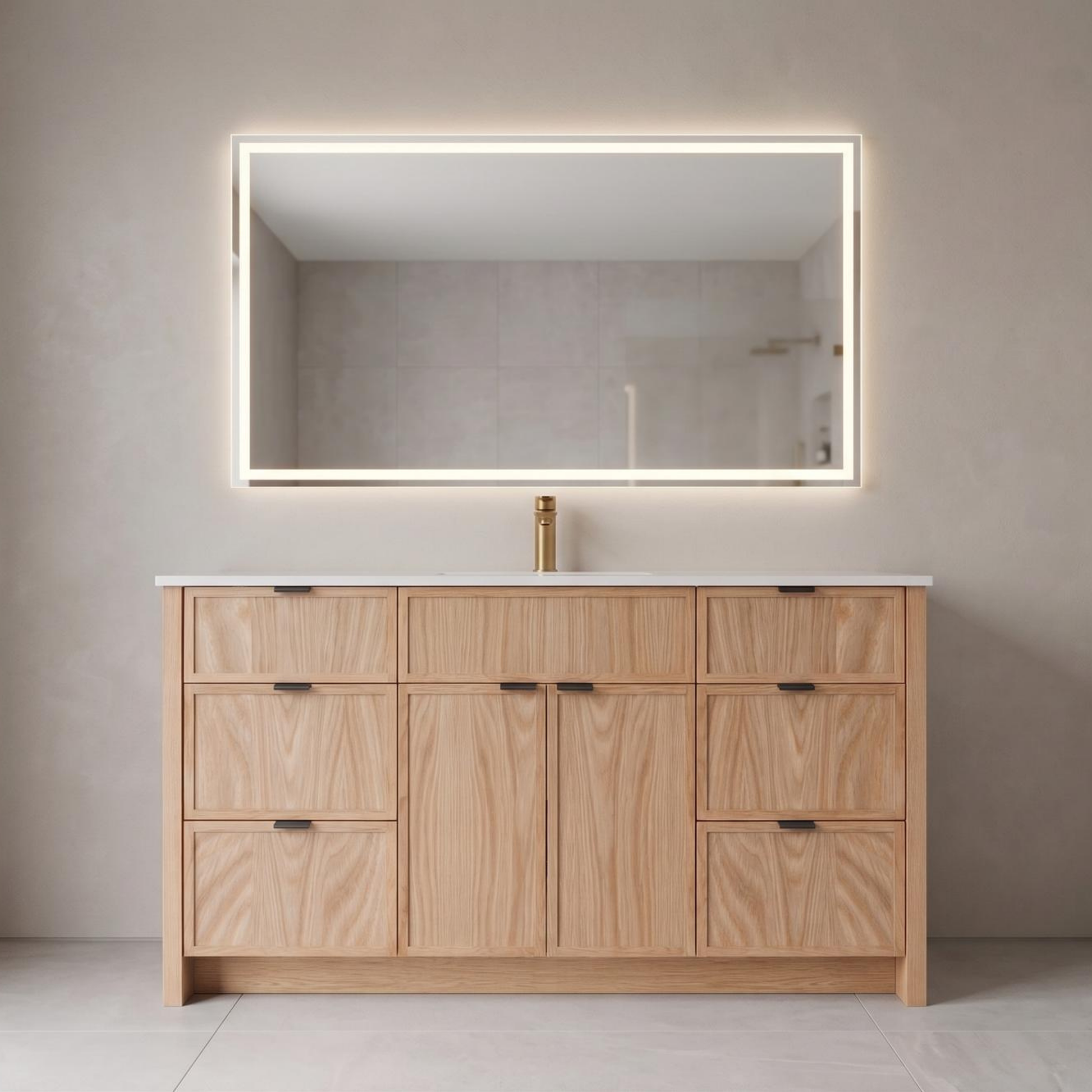 Bathroom vanity with wooden cabinets, white countertop, and illuminated mirror.