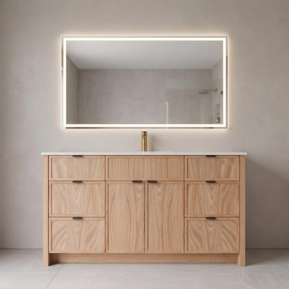 Bathroom vanity with wooden cabinets, white countertop, and illuminated mirror.
