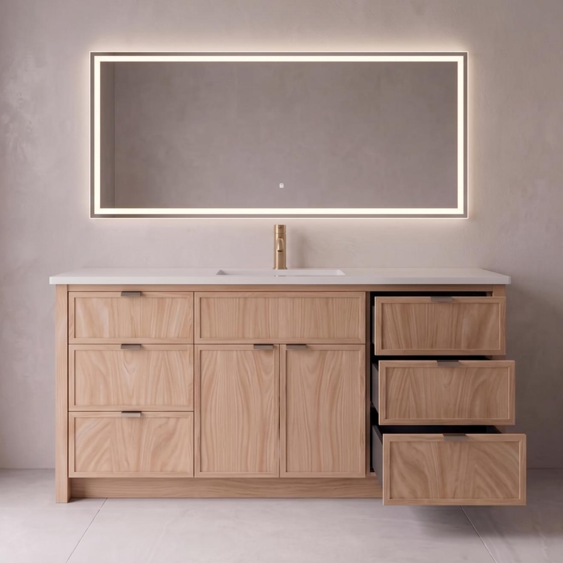 Bathroom vanity with wooden cabinets, white countertop, and illuminated mirror.
