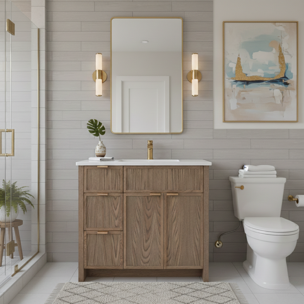 Bathroom with wooden vanity, mirror, and toilet