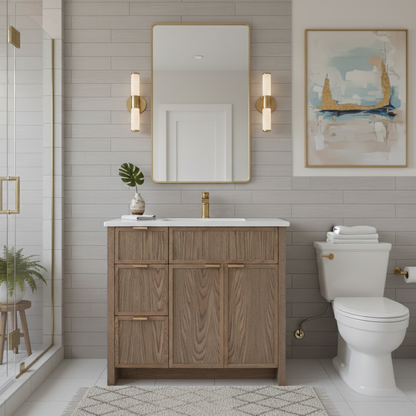 Bathroom with wooden vanity, mirror, and toilet