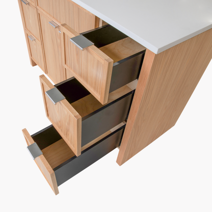 Wooden cabinet with open drawers on a white background