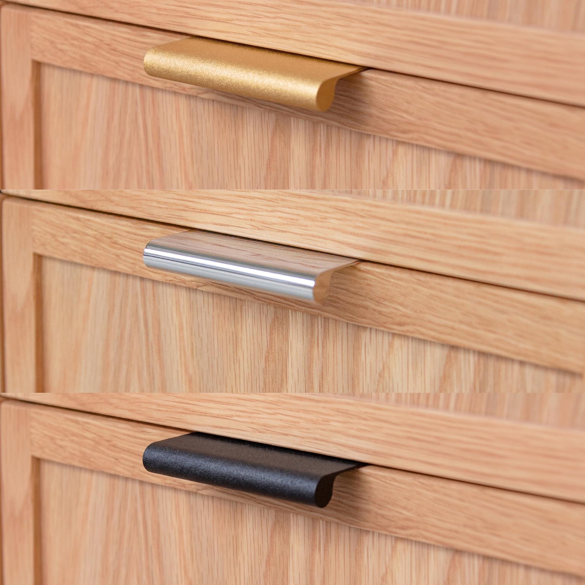 Close-up of wooden drawers with various colour choices of pulls. Rosseau 36" White Oak Wood Bathroom Vanity